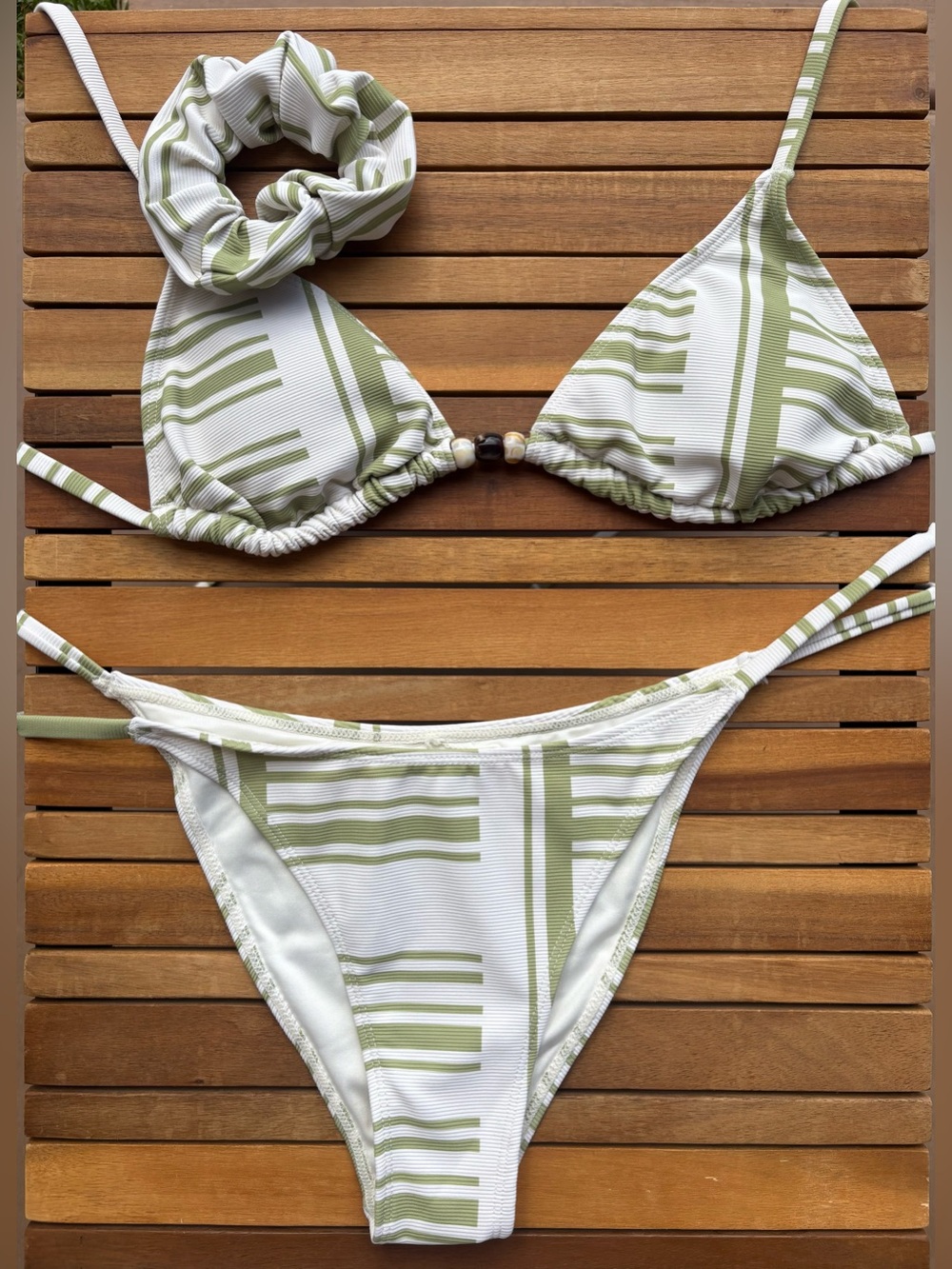 XSMALL NWT WilOTheLable Matcha Green White Striped String Bikini Scrunchie set